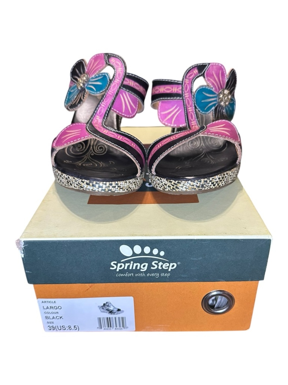 Spring Step Largo Pink & Teal Floral Wedge Sandals - Picture 3 of 11